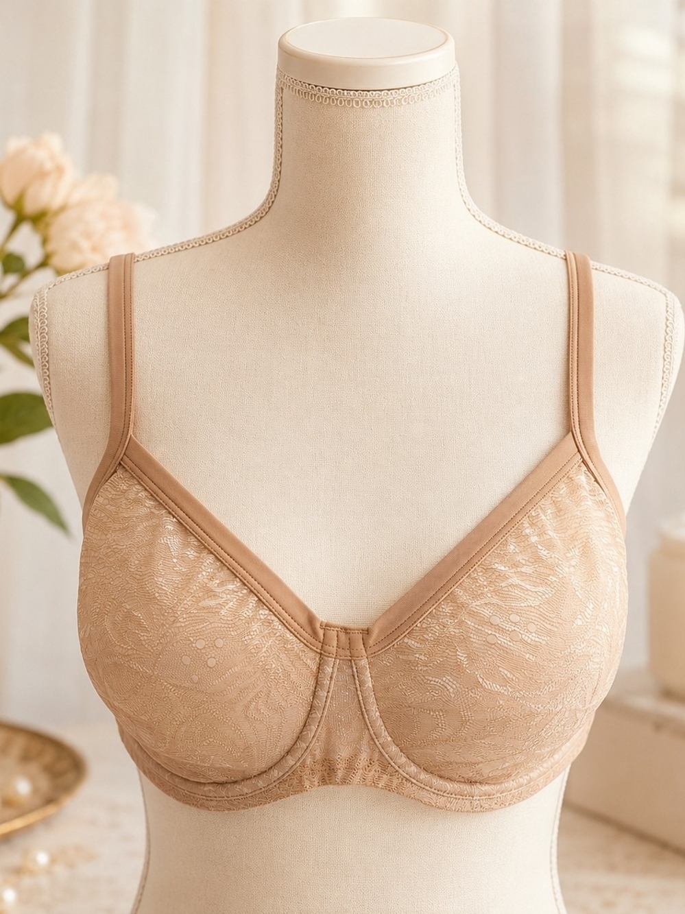 NWT Le Mystère Whisper 2210 Underwire Lace Bra 38C Natural Beige Full Support